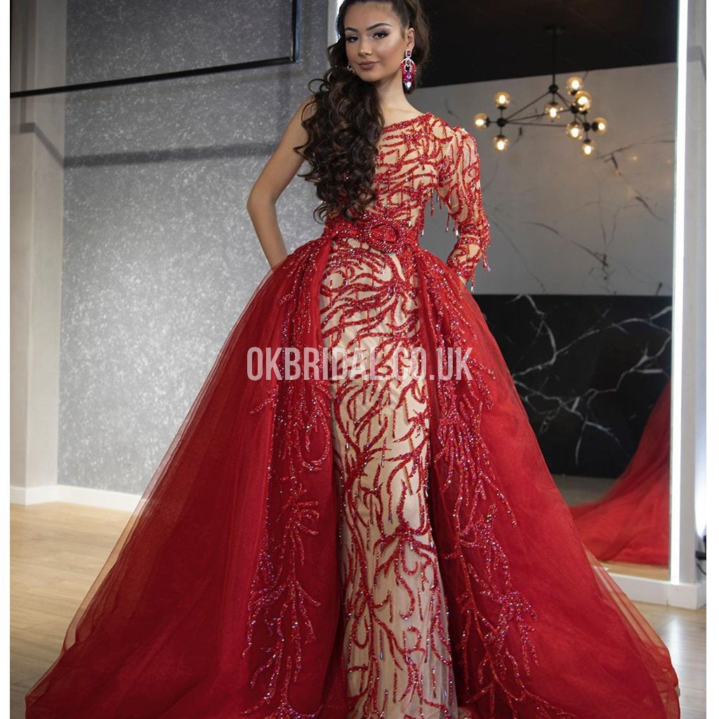 Gorgeous Mermaid Tulle One Shoulder Sequin Applique Prom Dress with Detachable Skirt, FC4453