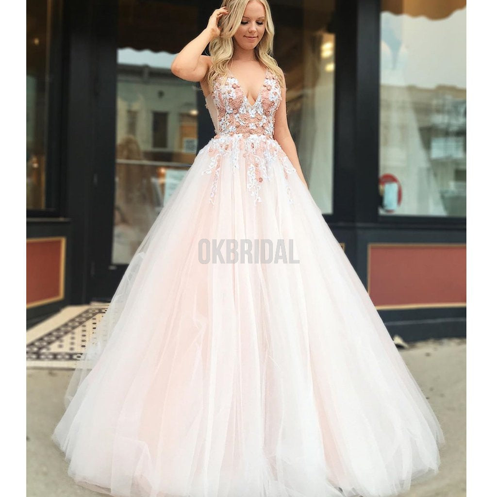 Charming A-line Tulle V-neck Lace Appliques Backless Beaded Prom Dress, FC4530