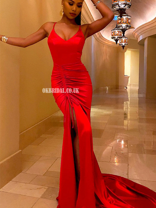 Red Spaghetti Straps V-neck Mermaid Backless Pleated Prom Dresses, FC4543