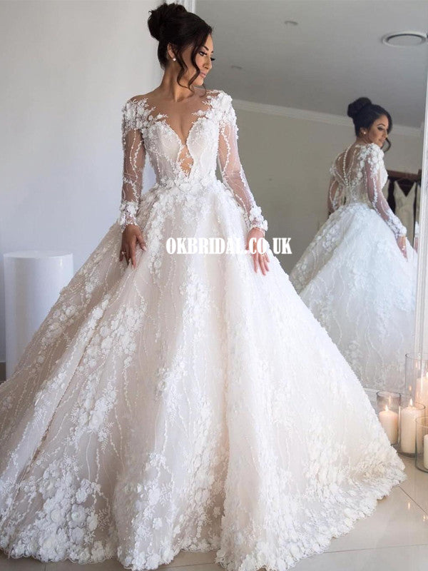 Luxury A-line Lace Long Sleeves Wedding Dresses, FC4568