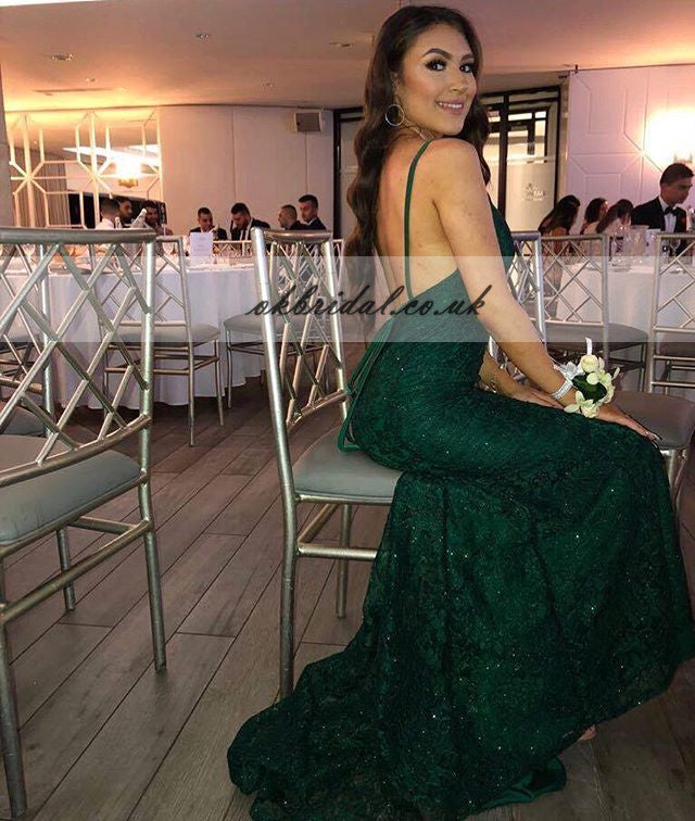 Green Charming Lace Beaded Backless Prom Dress, Mermaid V-Neck Prom Dress, KX471