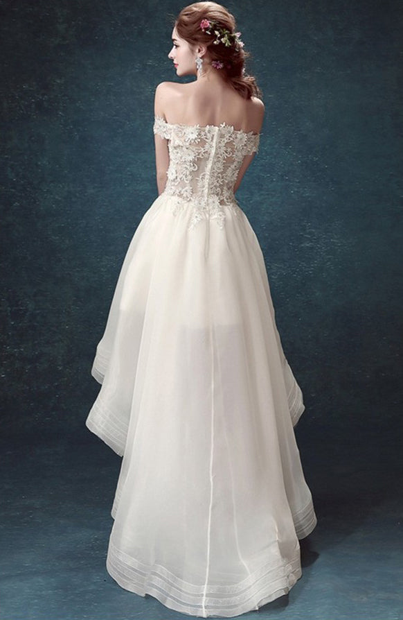 Long Wedding Dress, Lace Wedding Dress, High-Low Bridal Dress, Off-Shoulder Wedding Dress, Organza Wedding Dress, Tulle Wedding Dress, Charming Wedding Dress, LB0489