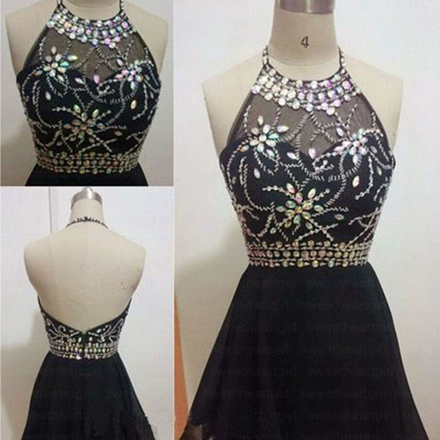 Black vintage halter open back unique sexy homecoming prom dress,BD0048