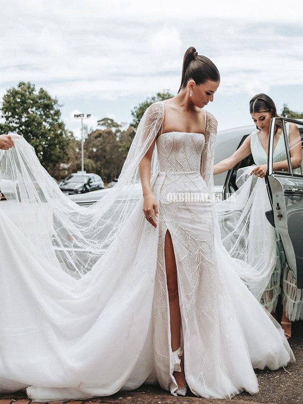 Spaghetti Straps Mermaid Split Wedding Dresses with Detachable Skirt, FC4955 Spaghetti Straps Mermaid Split Wedding Dresses with Detachable Skirt, FC4955