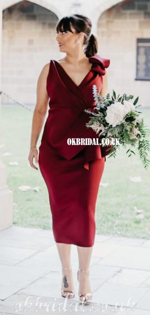 Mermaid V-neck Soft Satin Sleeveless Tea-length Backless Bridesmaid Dress, FC5055