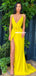 Yellow Spaghetti Straps Sexy Deep V-neck Long A-line Prom Dress , FC5085