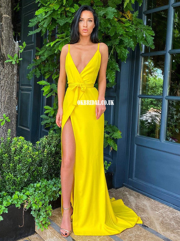 yellow spaghetti strap dress Pale Satin Prom Dresses Mermaid Evening L Viniodress carpet moments Yellow Spaghetti Straps Sexy Deep