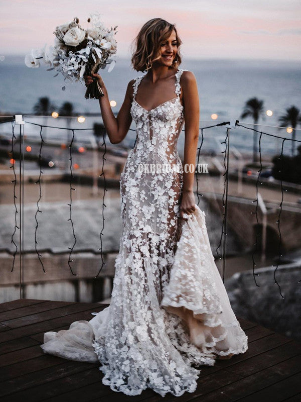 backless lace wedding dress uk Stunning Mermaid Lace Backless Spaghetti Straps Wedding Dresses, FC5099