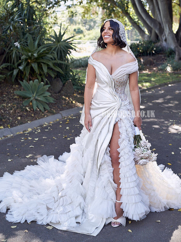 mermaid wedding dress with slit Off Shoulder Tulle Mermaid Unique Applique Slit Wedding Dresses, FC5156