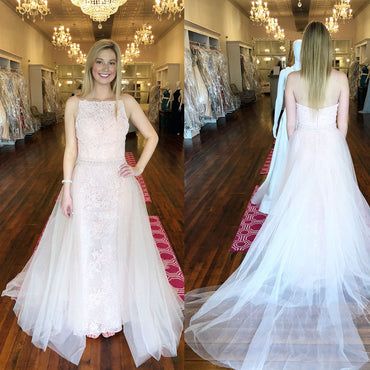 Straight Neckline Mermaid Lace Prom Dress, Backless Tulle Spaghetti Straps Beaded Prom Dress, KX532