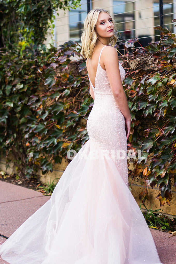 Light Pink Beaded Prom Dresses, Charming Tulle Mermaid V-Back Prom Dresses, KX535