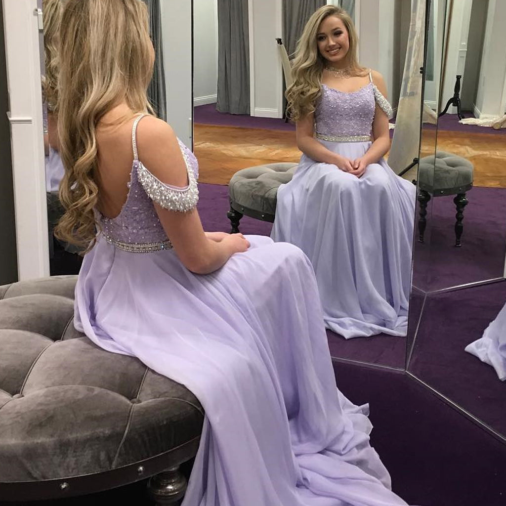 Light Purple A-Line Chiffon Prom Dress, Beaded Backless Gorgrous Prom Dress, KX536