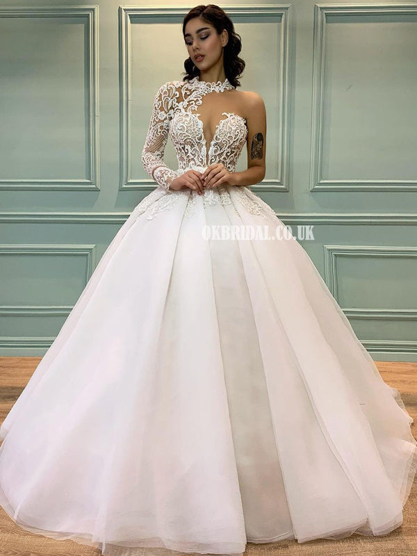 Stunning A-line Lace Long Sleeve Backless Wedding Dresses, FC5392
