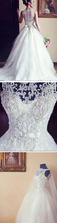 High Quality Long A-line Lace Sleeveless Wedding Dresses with Pearls, WD0056