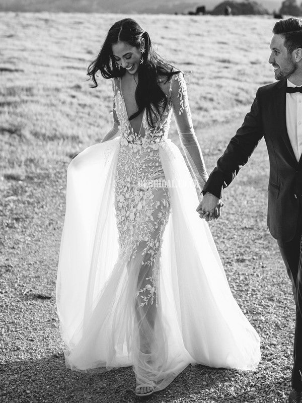 Sexy Deep V-neck Backless Long Sleeves Mermaid Wedding Dresses, FC5816 Sexy Deep V-neck Backless Long Sleeves Mermaid Wedding Dresses, FC5816