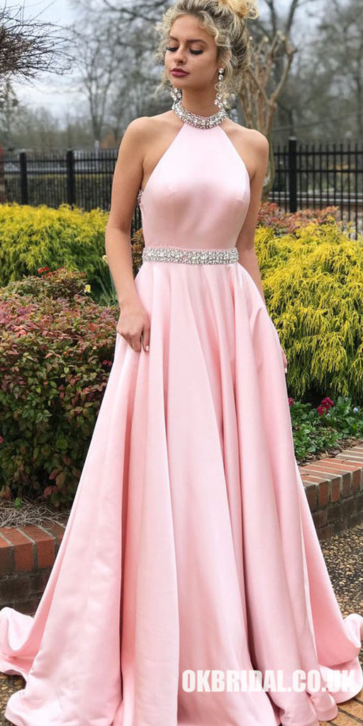 Pink A-Line Satin Prom Dresses, Beaded Backless Vintage Prom Dresses, KX599