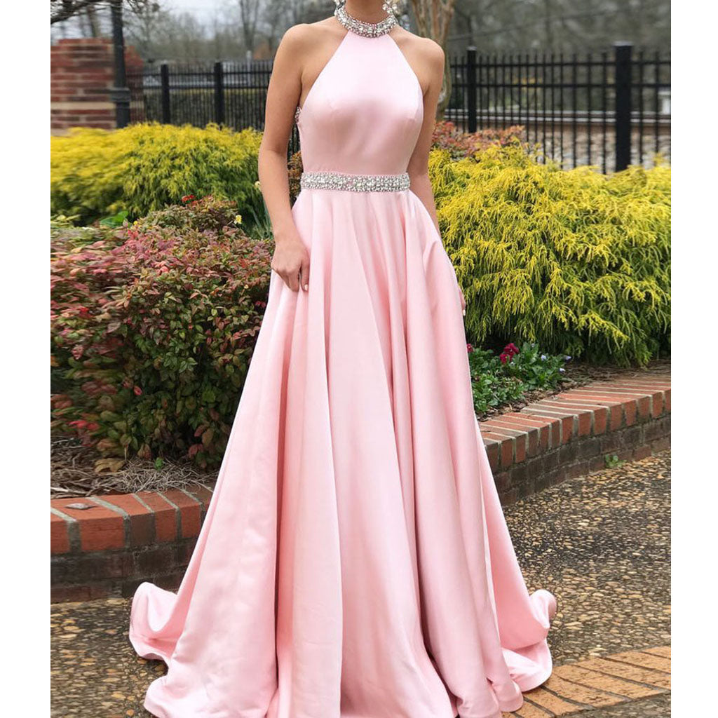 Pink A-Line Satin Prom Dresses, Beaded Backless Vintage Prom Dresses, KX599