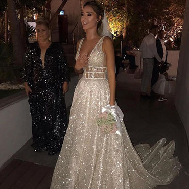 Deep V-Neck Prom Dresses, Sparkle Backless Vintage Prom Dresses,KX600