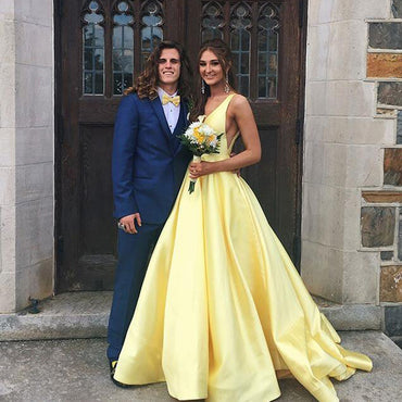 A-Line Satin Prom Dress, Charming Yellow V-Back Prom Dress, KX610