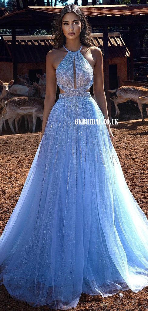 Halter A-line Tulle Sparkle Backless Beaded Prom Dresses, FC6148