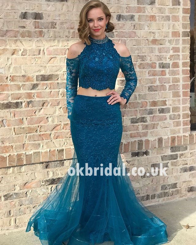Long Sleeve Lace Prom Dresses, New Arrival Mermaid Beaded Organza Prom Dresses, KX618