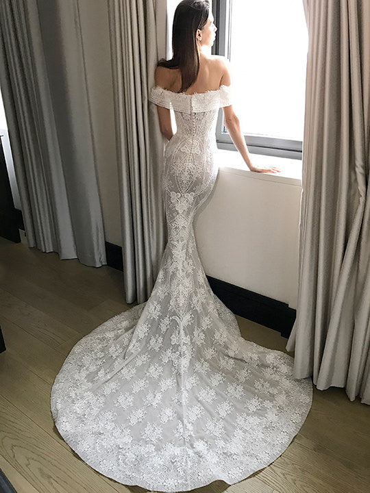 Lace Off-Shoulder Mermaid Wedding Dress, Backless Applique Sexy Wedding Dress, LB0619