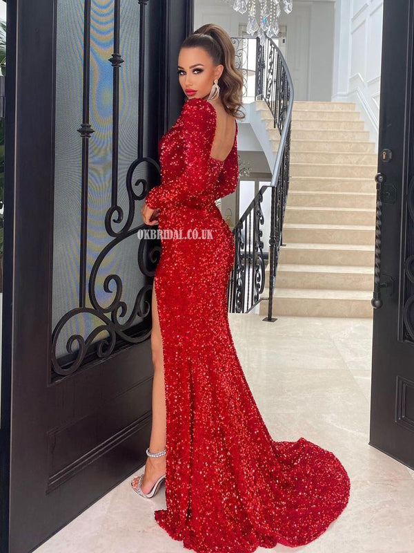 Gorgeous Red Mermaid Long Sleeves Sexy High Slit Sparkle Prom Dresses, Gorgeous Red Mermaid Long Sleeves Sexy High Slit Sparkle Prom Dresses,
