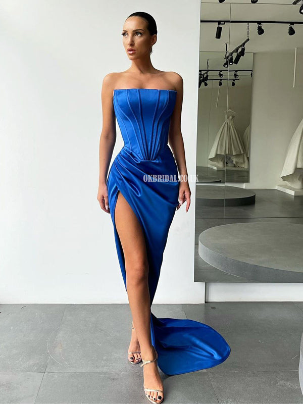 Straight Neck Royal Blue Satin Slit Backless Prom Dresses, FC6254