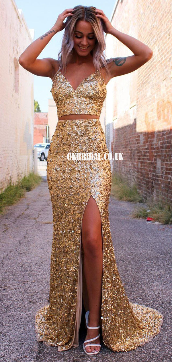 Gold Two-Pieces Sequin Spaghetti Straps V-neck Backless Prom Dresses, Gold Two-Pieces Sequin Spaghetti Straps V-neck Backless Prom Dresses,