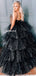 Sparkle Black High-Low Tulle A-line Spaghetti Straps Prom Dresses, FC6553