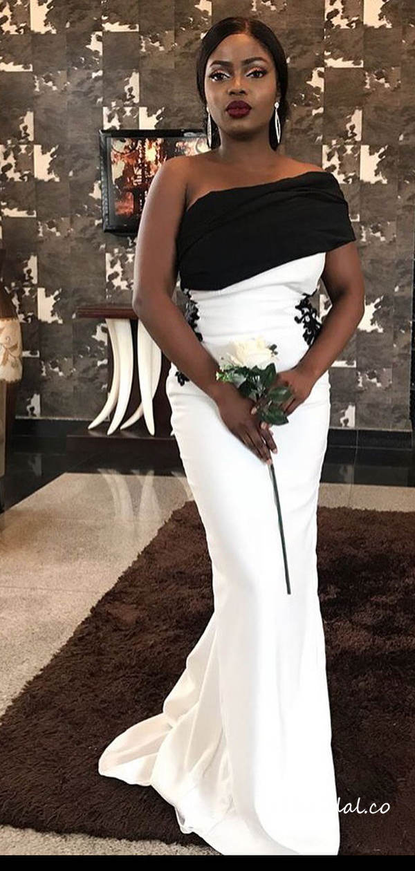 Charming Off Shoulder Black and White Mermaid Applique Bridesmaid Dress, FC6624 Charming Off Shoulder Black and White Mermaid Applique Bridesmaid Dress, FC6624