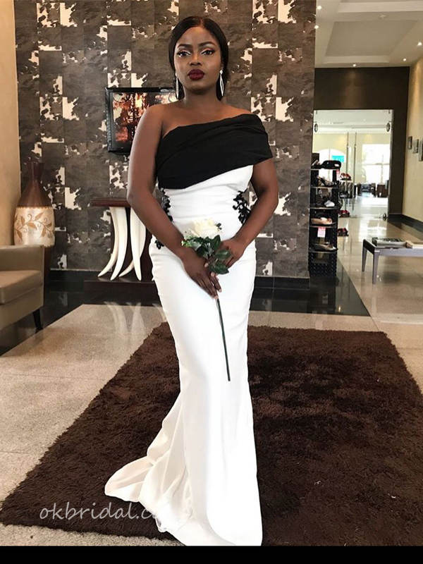 Charming Off Shoulder Black and White Mermaid Applique Bridesmaid Dress, FC6624 Charming Off Shoulder Black and White Mermaid Applique Bridesmaid Dress, FC6624