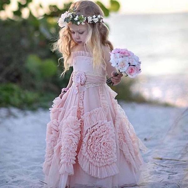 Lovely Spaghetti Soft Pink Flower Girl Dresses For Beach Wedding, Uniq