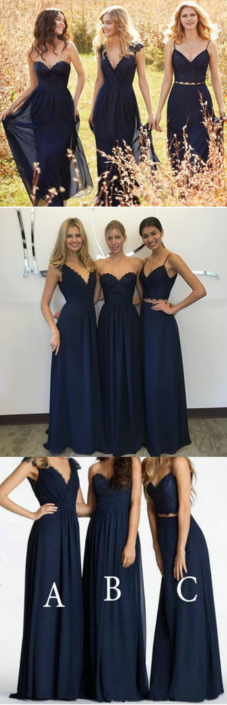 Mismatched New Design Elegant Lace Chiffon Navy Blue A Line Floor-Length Inexpensive Bridesmaid Dresses, WG70