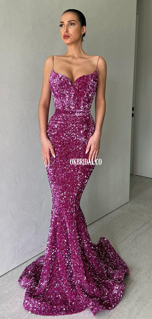 Spaghetti Straps Mermaid Backless Sequin Sparkle Long Prom Dresses, FC7011