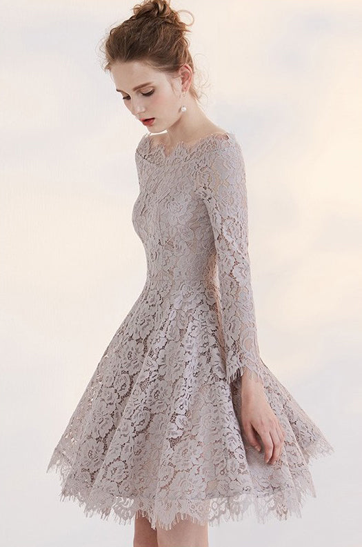 Off Shoulder Long Sleeve Lace Junior School Dress, Knee-Length Homecom Dresses Off Shoulder Long Sleeve Lace Junior School Dress, Knee-Length Homecom Dresses