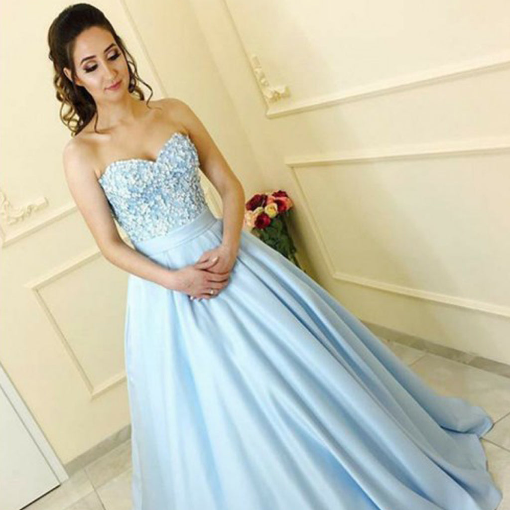Sweet Heart Beaded Top Prom Dresses, Satin A-Line Prom Dresses, KX731