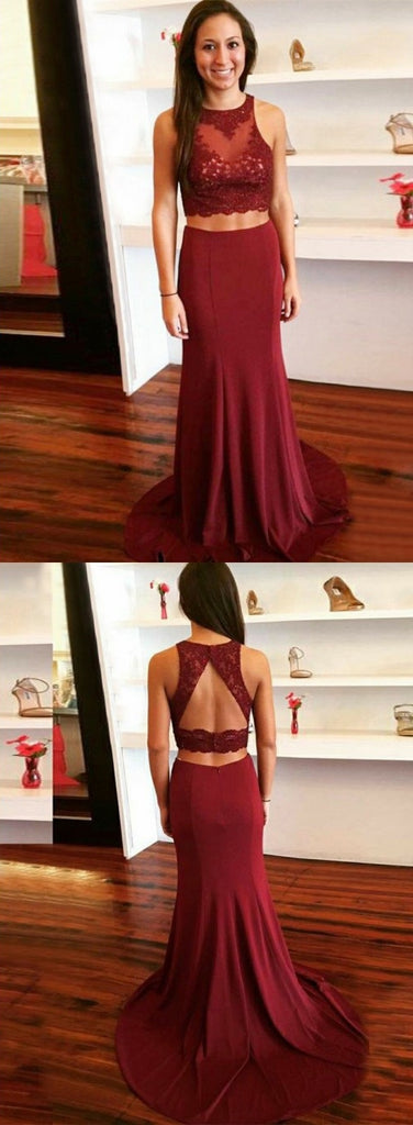 Sexy Mermaid Two Pieces Prom Dress, Sleeveless Open-Back Lace Top Prom Dress, KX735