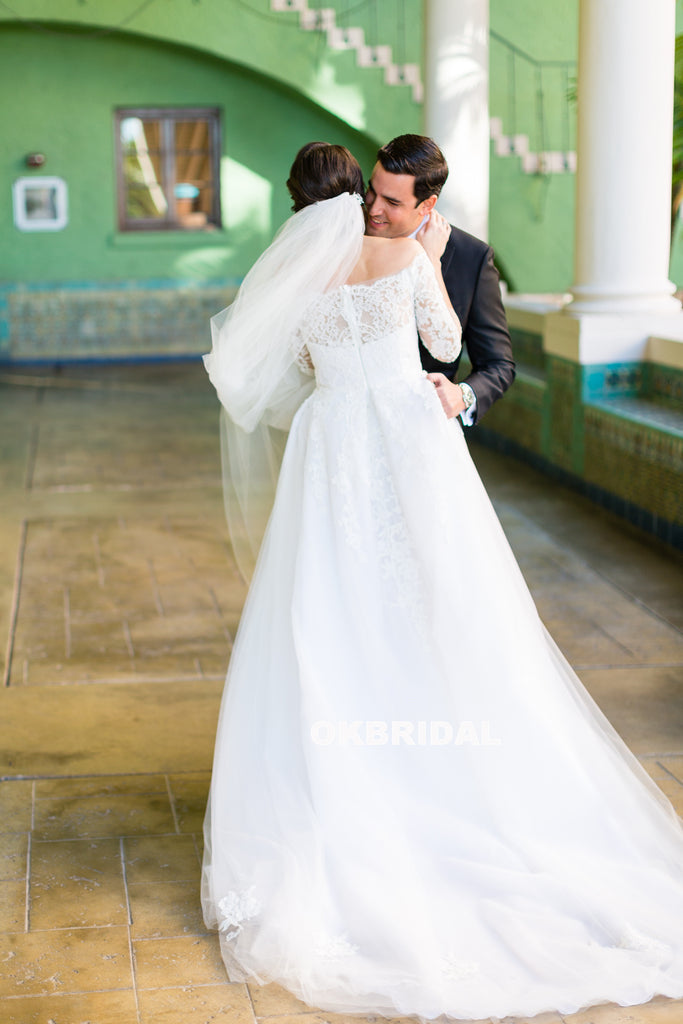 Off Shoulder Long Sleeve Wedding Dress, Lace A-Line Tulle Applique Wedding Dress, KX783