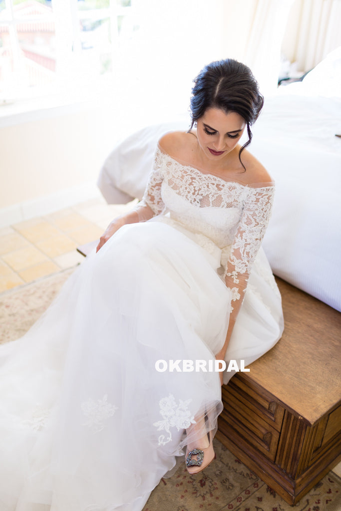 Off Shoulder Long Sleeve Wedding Dress, Lace A-Line Tulle Applique Wedding Dress, KX783