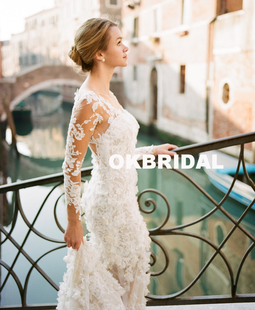 Charming Long Sleeve Wedding Dress, Luxury Lace Mermaid Wedding Dress, KX788