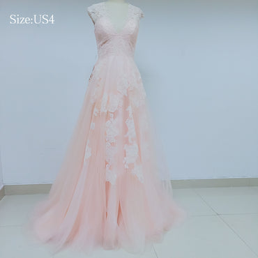 Cap Sleeve Tulle A-Line Applique V-Neck Prom Dress, SL001