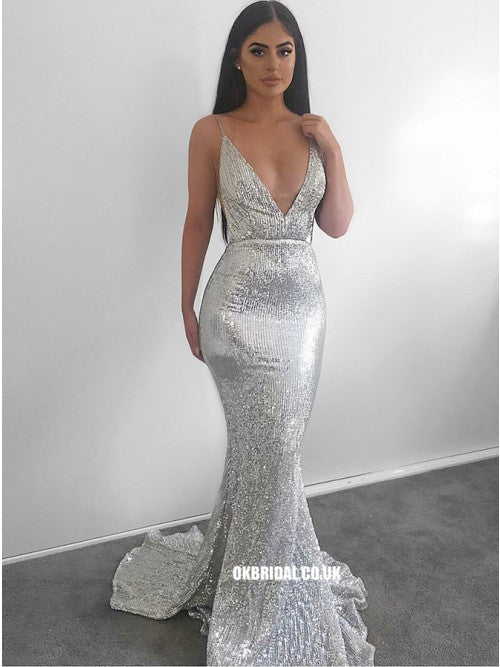 Sexy Mermaid Deep V-neck Silver Sequin Prom Dresses, FC804 Sexy Mermaid Deep V-neck Silver Sequin Prom Dresses, FC804