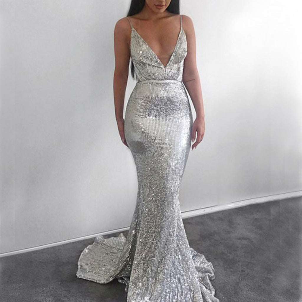 Sexy Mermaid Deep V-neck Silver Sequin Prom Dresses, FC804 Sexy Mermaid Deep V-neck Silver Sequin Prom Dresses, FC804