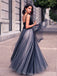 Tulle Sleeveless V-Neck Prom Dresses, A-Line Floor-length Satin Prom Dress, LB0837