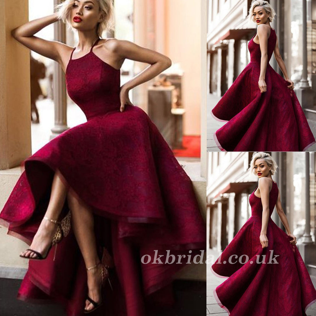 High-Low Prom Dress, Lace Prom Dress, Halter Prom Dress, Sleeveless Prom Dress, Red Prom Dress, LB0878