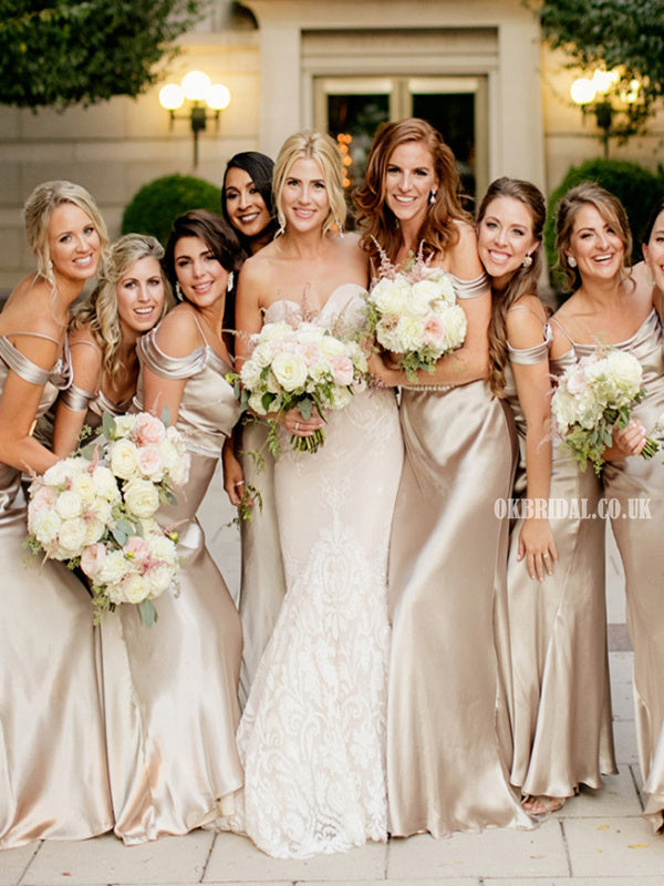 Off Shoulder Gold Charming Bridesmaid Dresses, Mermaid Soft Satin Back