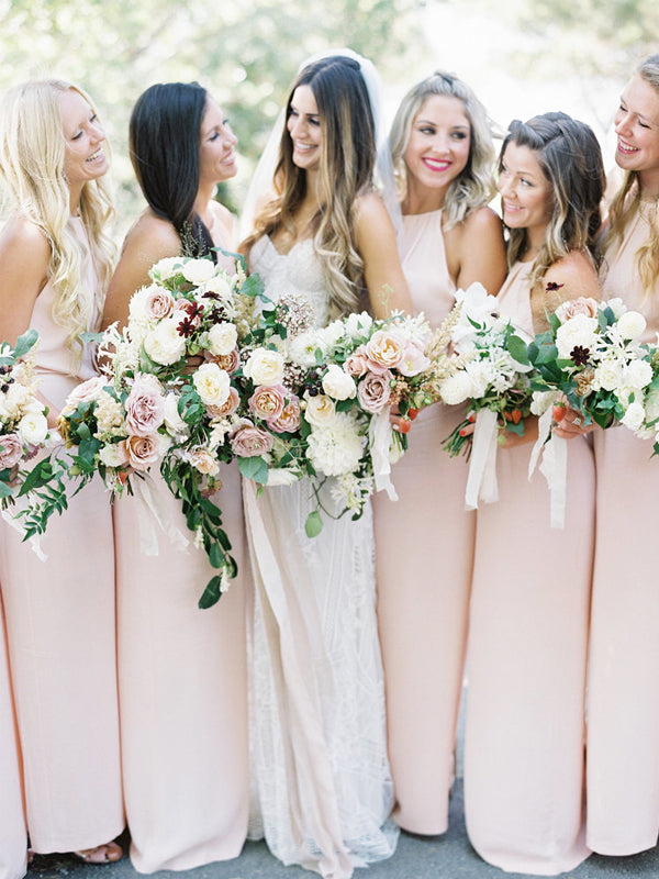 Cheap Pink Chiffon Long Lace Open-Back A-Line Bridesmaid Dresses, KX950