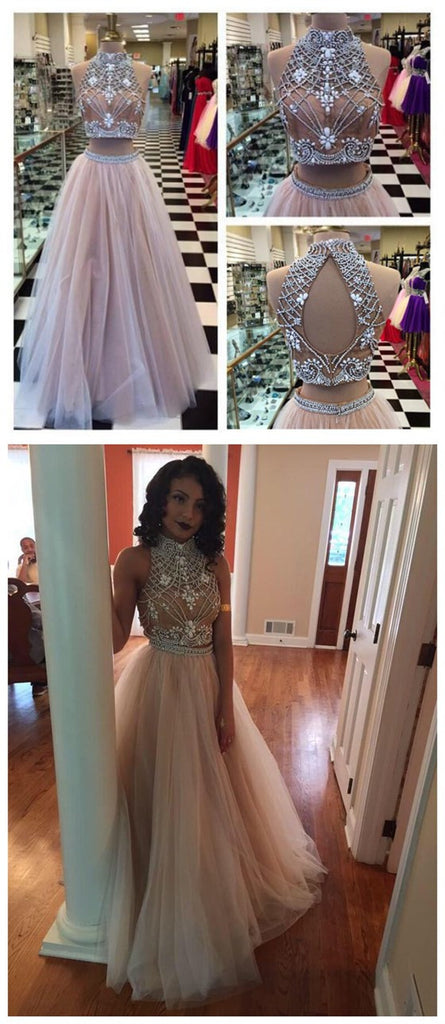 Two Piece High Neck Prom Dresses, Open Back Popular Prom Dresses, Charming Prom Dresses, PD0115