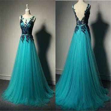Tulle V-Back Floor-length Black Apllique A Line Formal Inexpensive Evening Long Prom Dress, PD0202